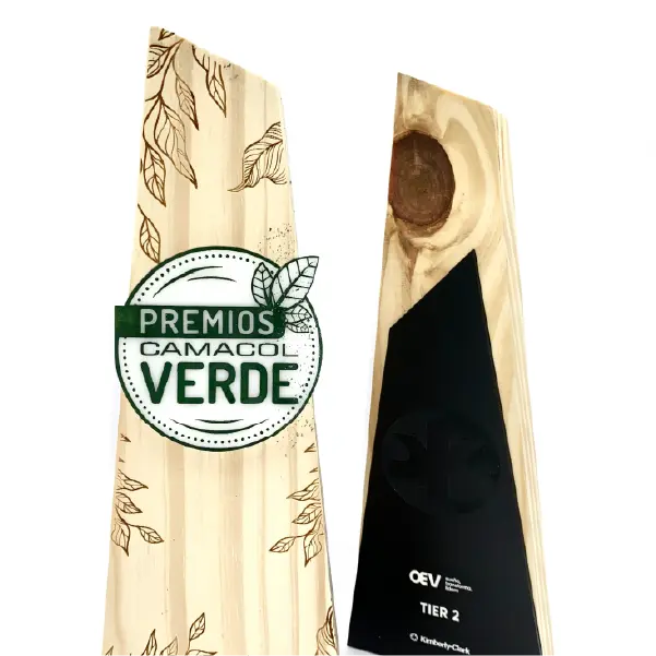trofeo ecológico en madera color pino y verde
